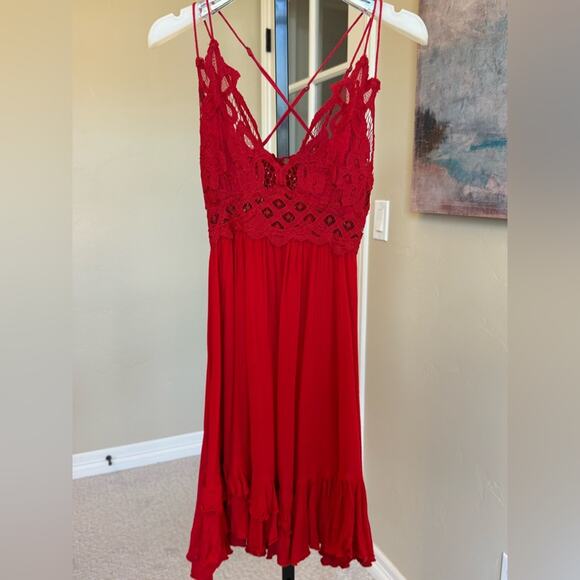 Free People FP One Red Lace Crochet Mini Dress Womens Small Boho Festival - Picture 1 of 5